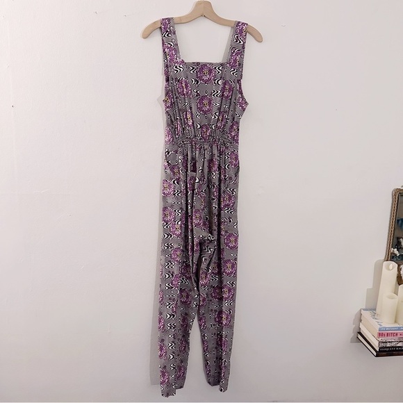 Nooworks Overalls Jumpsuit Sleeveless Psychedelic Print Purple Black White - Picture 6 of 6